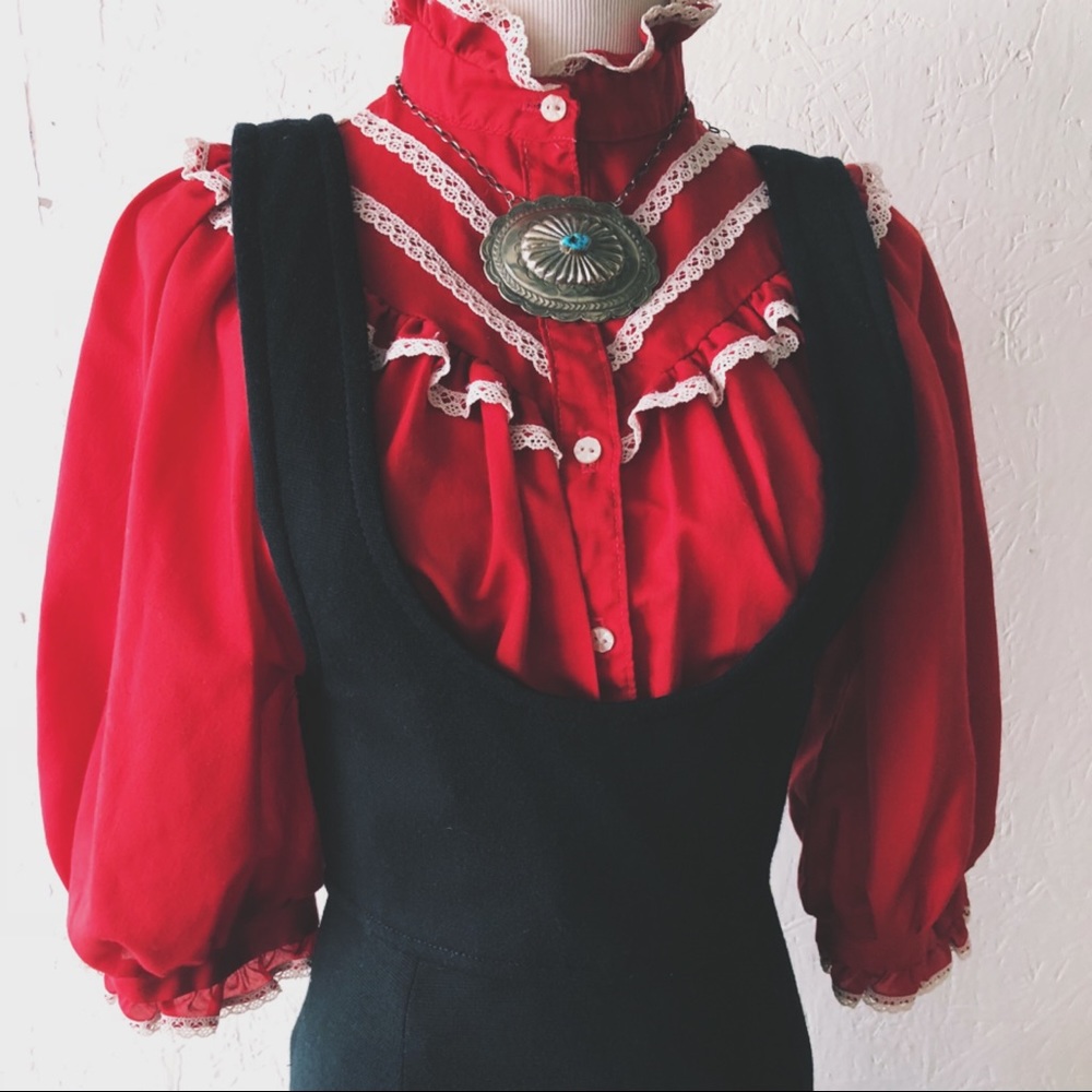 Red Vintage Button Up Blouse with Lace Detail